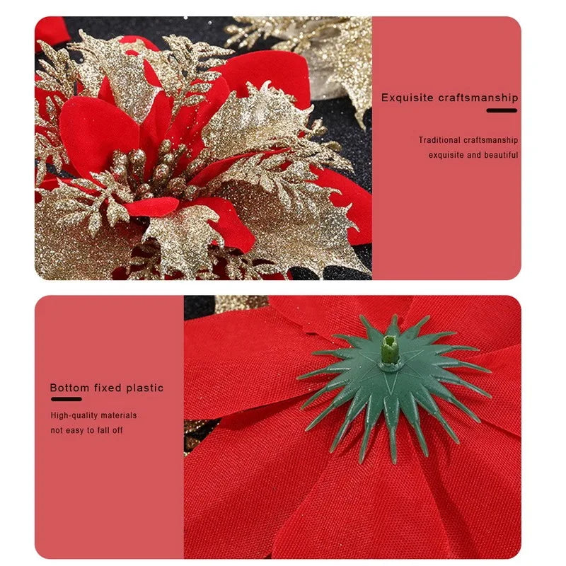 10PCS Christmas Flowers Glitter Artificial Poinsettia Floral Xmas Tree Ornaments DIY Garlands Home Wedding Party Decor