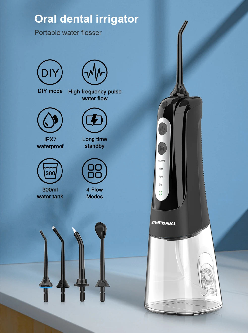 Oral Irrigator Dental Water Flosser Teeth Whitening Waterproof Portable Dental Water Jet Floss 300ML Teeth Cleaner