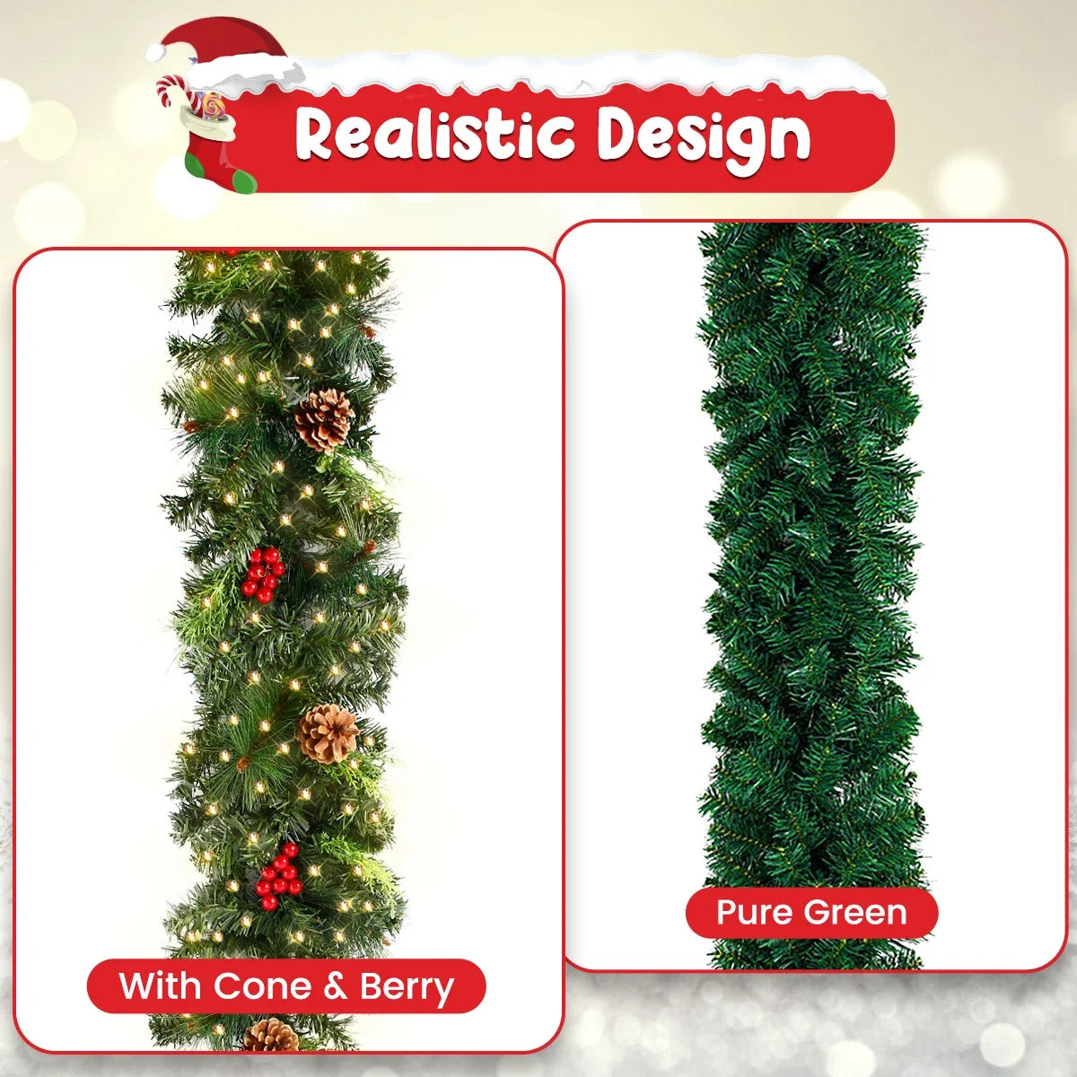 Christmas Wreaths with Pinecones Red Berries Artificial Christmas Garland for Fireplaces Stairs Front Door New Year Decoration