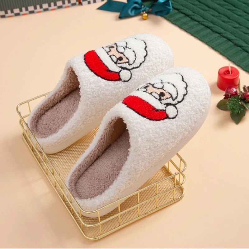 Fashion Christmas Slippers Women Home Winter Cute Cartoon Sandals Men Warm Non-slip Flat Slides Couple Soft Christmas Shoes