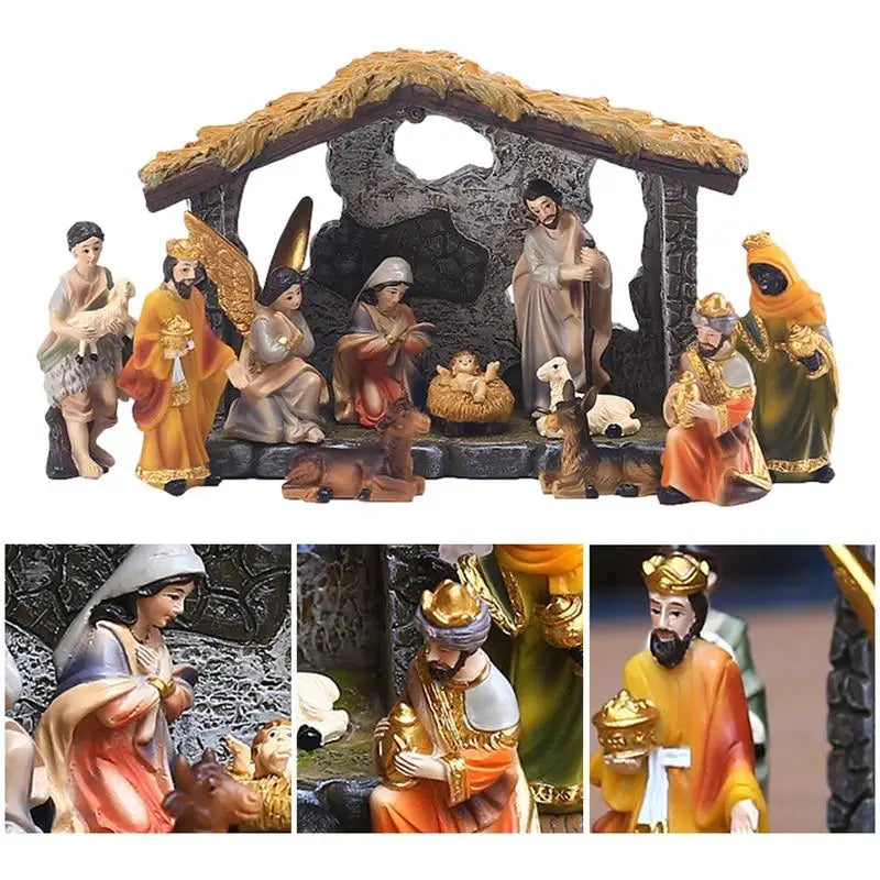 Nativity Manger Scene Set 12-pcs Resin Hand-painted Nativity Figurines Resin Crafts Statue For Home Tabletop Ornaments Christmas