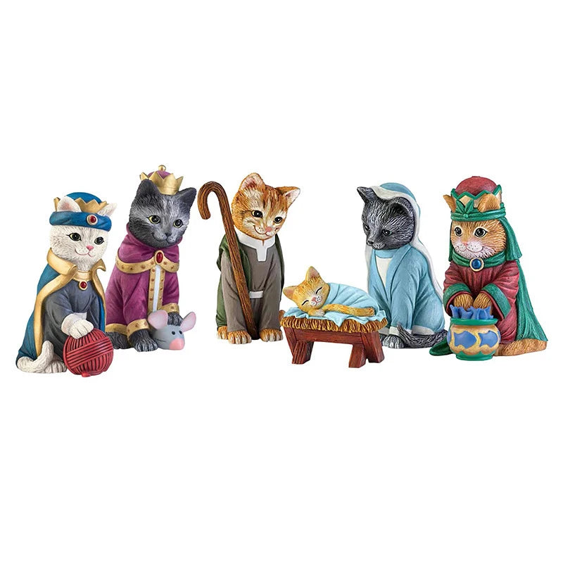 Nativity Royal Cats Christmas Decoration Resin Crafts Animal Cat Nativity Scene Ornament Collection Birth Of Jesus Home Decor