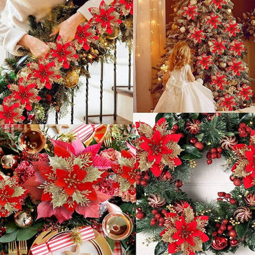 10PCS Christmas Flowers Glitter Artificial Poinsettia Floral Xmas Tree Ornaments DIY Garlands Home Wedding Party Decor