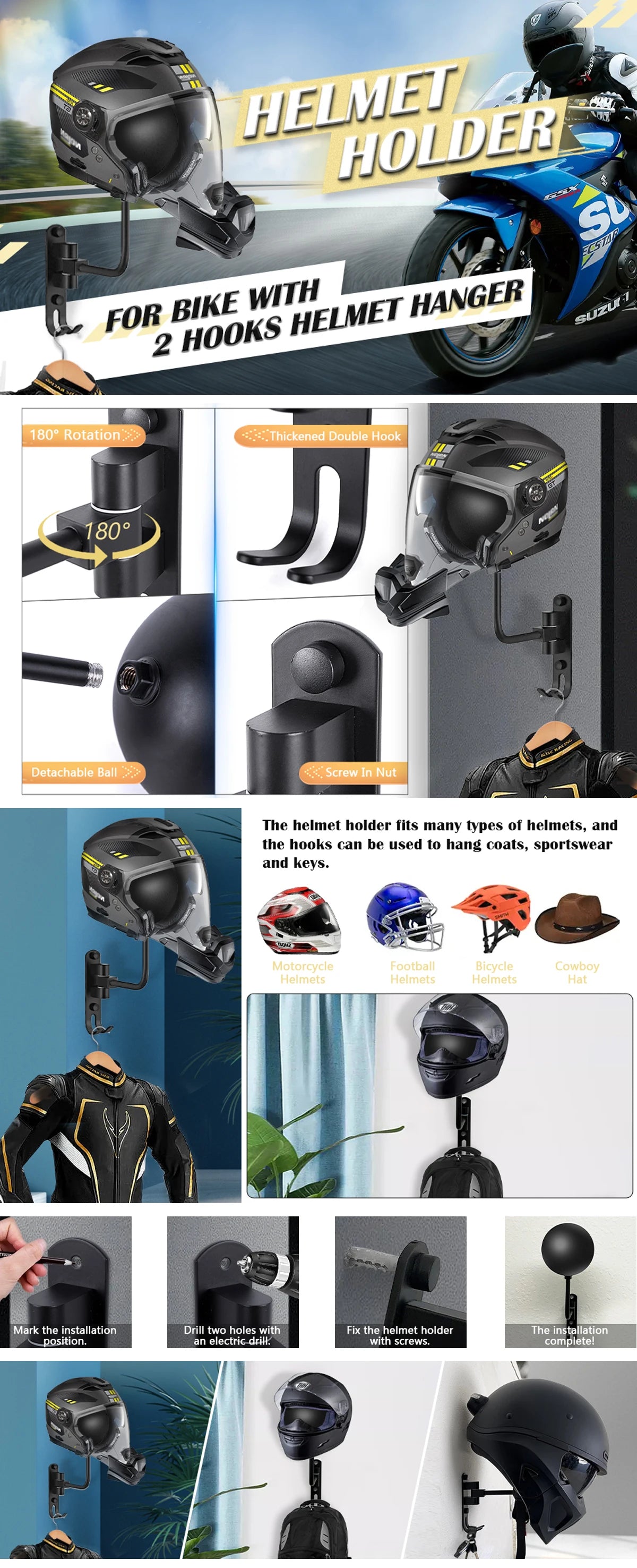 Motorcycle Helmet Rack Wall-Mount Helmet Display Holder with Hook 180° Rotation Bike Helmet Hanger for Home Garage Organizer