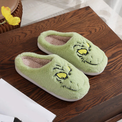 Christmas Plush Slippers Women Winter Warm Cute Home Green Haired Monster Slippers Funny Non Slip Cotten Shoes New Year Gift