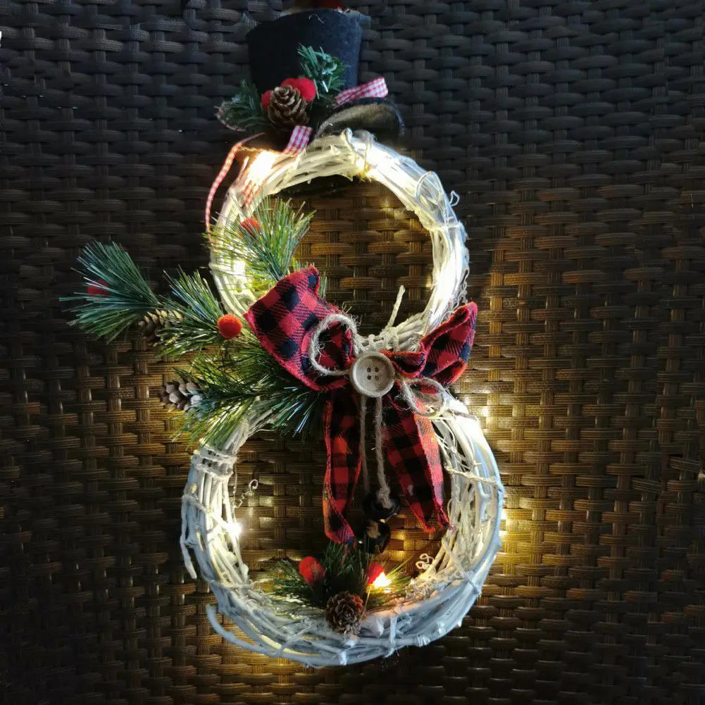 Christmas Garland LED Light Snowman Rattan Wreath for Front Door Christmas Decorations for Home Fireplace Wall Decor New Year