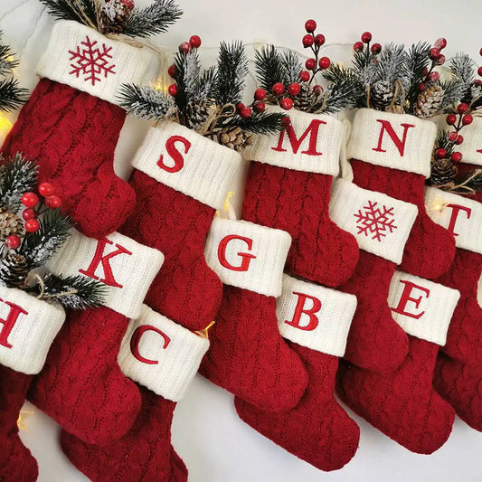 Christmas Letter Knitting Socks Snowflake Stocking, Christmas Decoration for Home Xmas Tree Ornament Gift