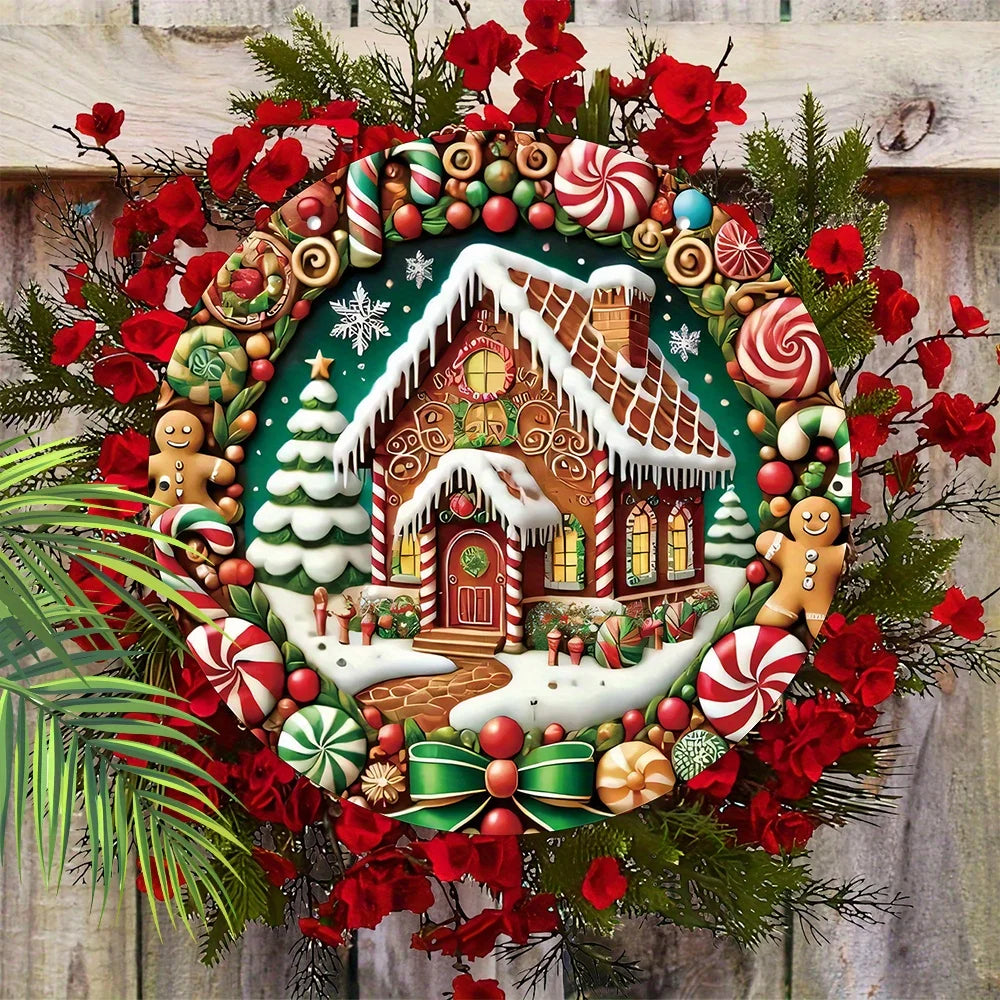 1pc 2D Merry Christmas Brown Gingerbread Candy House Xmas Snowflake Christmas Tree Wood Porch Wreath Hanging Print Retro Sign