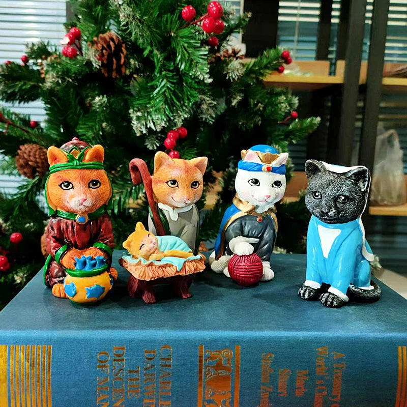 Nativity Royal Cats Christmas Decoration Resin Crafts Animal Cat Nativity Scene Ornament Collection Birth Of Jesus Home Decor