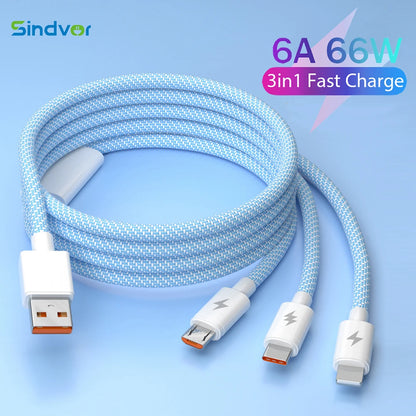 6A 66W 3-in-1 Fast Charging Cable - USB Type-C, Micro USB, and Lightning Compatible - Super Charger for iPhone, and Samsung"