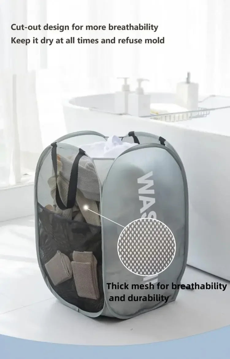 Folding Popup Laundry Baskets Home Mesh High Capacity Washable Dirty Clothes Toys Dolls Storage Bathroom Hamper Bag Side Pockets