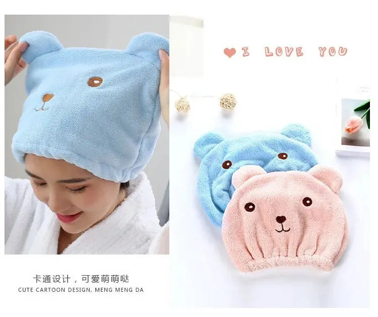 Super Absorbent Hair Drying Bath Towel Cap Cute Cartoon Bear Microfibre Soft Dry Hair Wrap Bathroom Accessories Bonnets