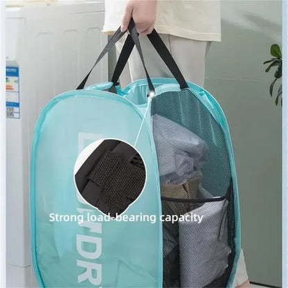 Folding Popup Laundry Baskets Home Mesh High Capacity Washable Dirty Clothes Toys Dolls Storage Bathroom Hamper Bag Side Pockets