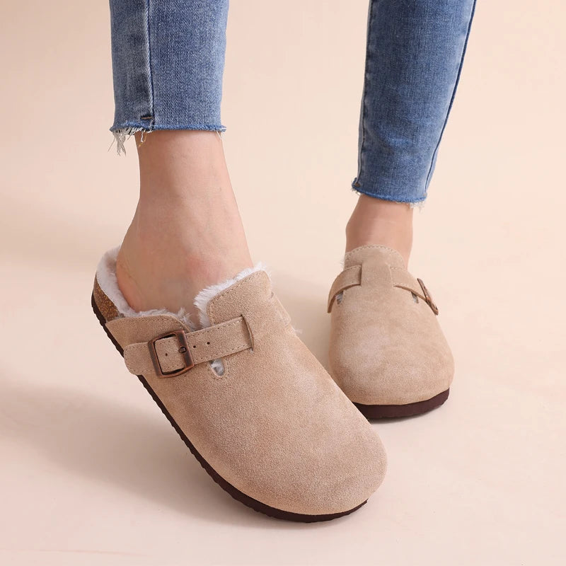 Pallene Cork Suede Clogs For Women Classic Beach Sandals Fur Suede Slippers Fuzzy Cork Mules Men Comfort Winter House Fur Clogs