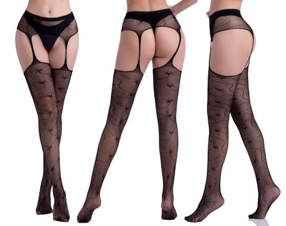 Hot Sexy Erotic Lingerie See Through Open Crotch Pantyhose Tights Women Fishnet Mesh Crotchless Suspenders Stockings Sex Costume