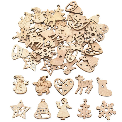 50Pcs Christmas Natural Wooden Chip Santa Claus Snowflake Christmas Tree Hanging Ornaments Pendant Navidad Decoration DIY Craft