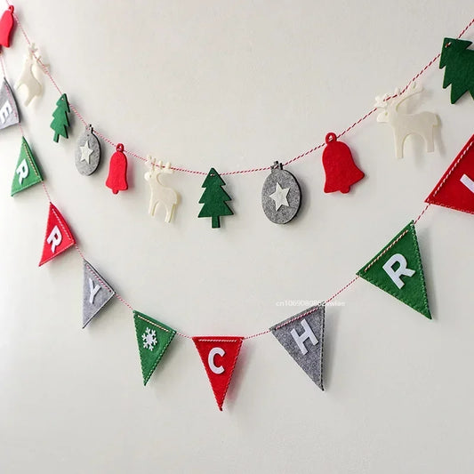 Merry Christmas Banner Wool Felt Triangle Flag Garland Xmas Tree Hanging Ornaments For Home Decorations New Year Party Supplies