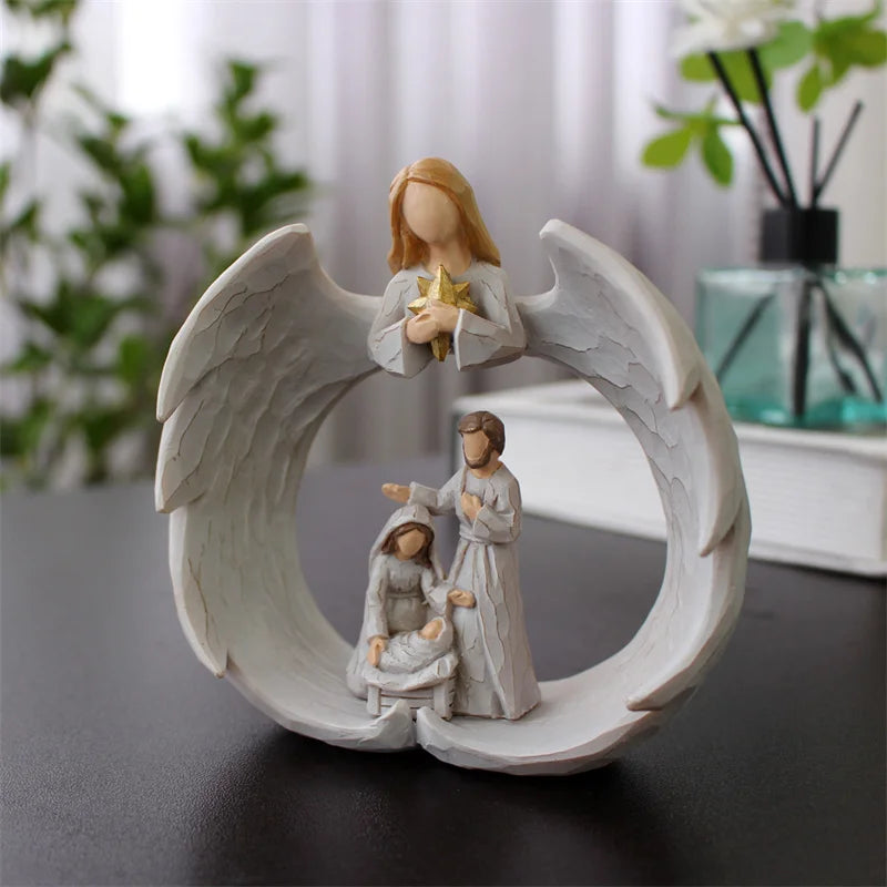 Nativity of Jesus Christ Angel Statue Holy Family and Angel Catholic Statue Religious Sculpture Christmas Decoration Gift