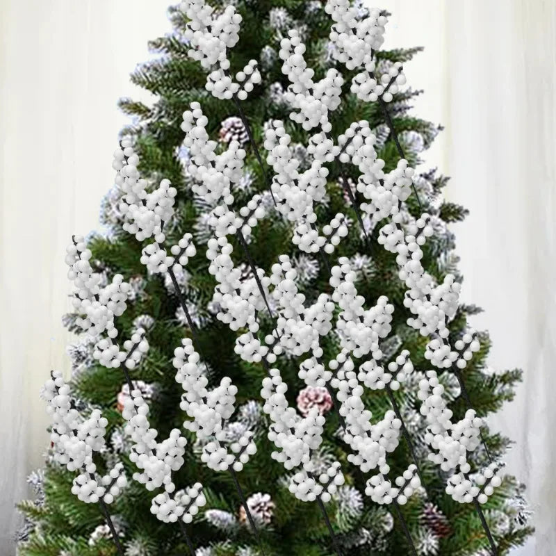 Christmas Berries Branch Fake Plants Flowers Artificial White Holly Berry Stamen Wreath Ornaments for Xmas Tree Party Home Decor