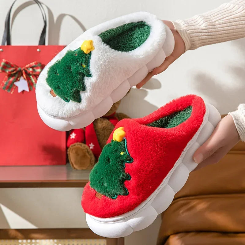 Cute Christmas Tree Women's Home Fluffy Slippers Cartoon Winter House Warm Shoes Designer Flat Casual New Year's Gift