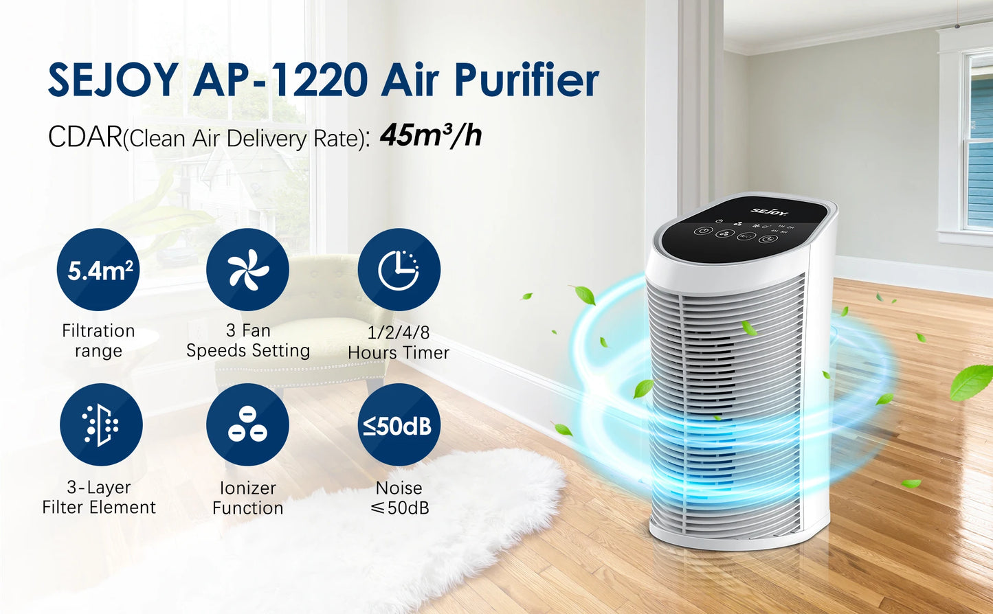 Sejoy Air Purifier HEPA Filter For Indoor 200 Square Feet 99.9% Removal With Ionizer Quiet 3 Speeds Bedroom Pets Air Purifier