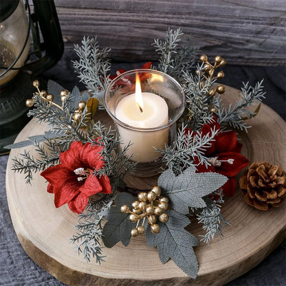 Christmas Candlestick Wreath Artificial Flowers Garland Candle Ring Xmas Table Decoration Candle Holder Wreath Xmas Home Decor