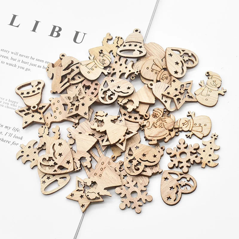 50Pcs Christmas Natural Wooden Chip Santa Claus Snowflake Christmas Tree Hanging Ornaments Pendant Navidad Decoration DIY Craft