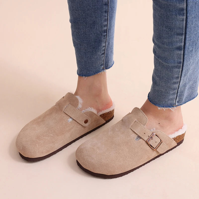 Pallene Cork Suede Clogs For Women Classic Beach Sandals Fur Suede Slippers Fuzzy Cork Mules Men Comfort Winter House Fur Clogs