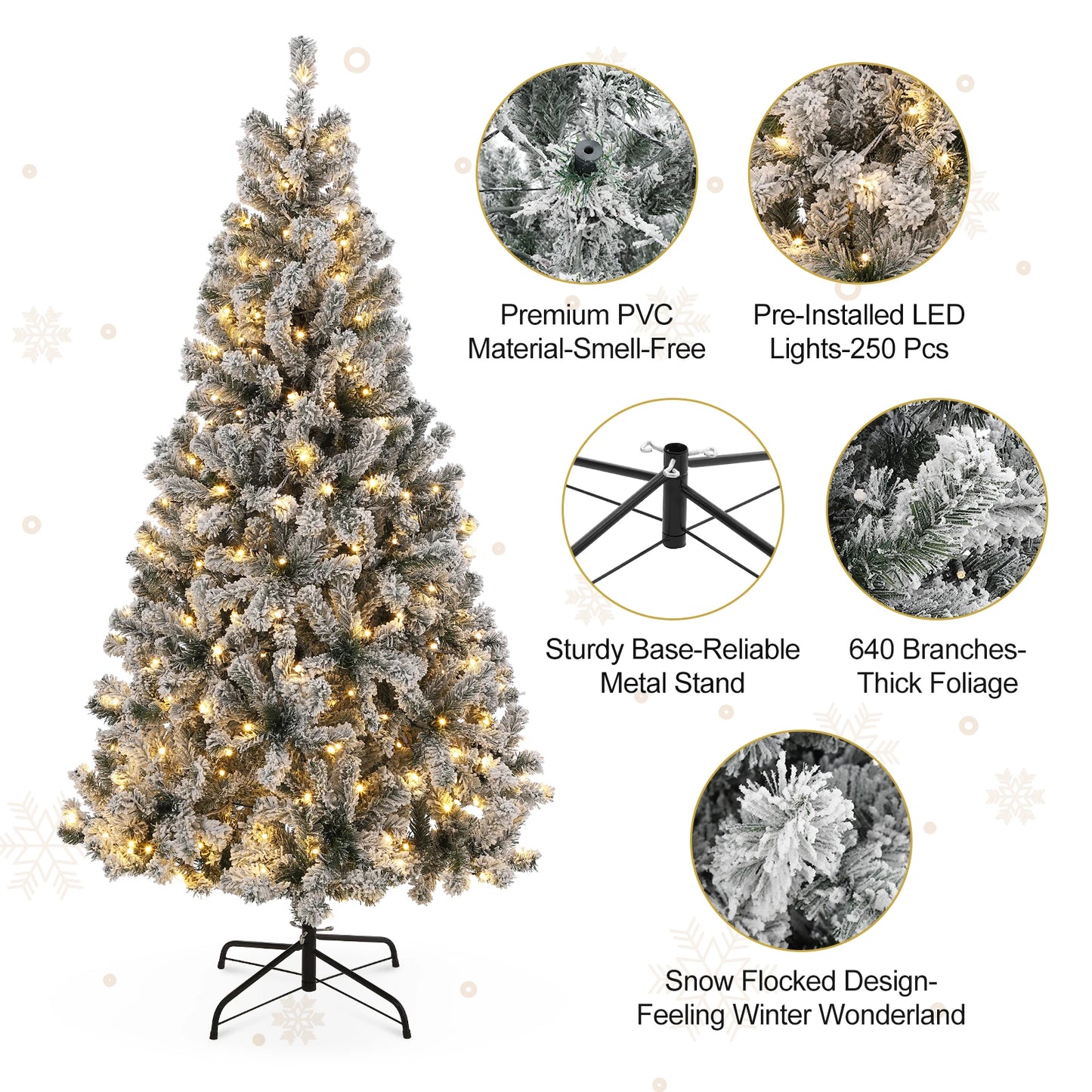 6FT Snow Flocked Christmas Tree, Pre-lit Artificial Xmas Tree with 640 Branches Tips Foldable Metal Stand for Christmas Decor