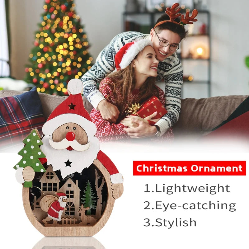 Merry Christmas Gift LED Luminous Shape Wooden Ornaments Happy New Year Decor