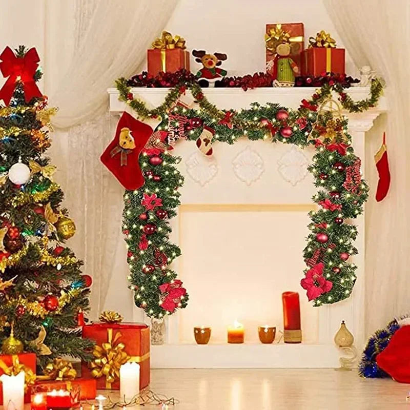 Christmas Rattan Garland Decorative Staircase Fireplace Christmas Decoration Xmas Tree Rattan Banner Stair Wreaths with Light