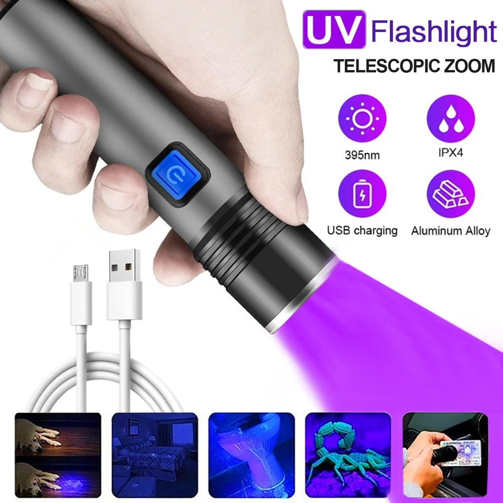 395nm UV Blacklight Flashlight, Zoomable USB Rechargeable Ultraviolet Light for Pet Urine Detection and Resin Curing