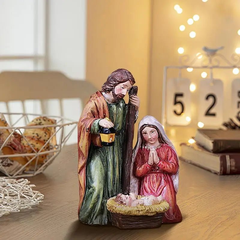 Nativity Scene Resin Figurine Christmas Desktop Statue Religious Ornament Mini Jesus Birth Decoration for Home Xmas Party Decor