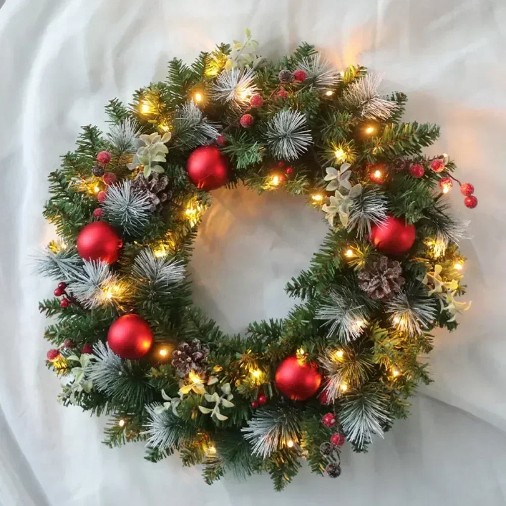 Led Christmas Wreath Artificial Pinecone Red Berry Garland Hanging Ornaments, Front Door Wall Decorations Xmas Tree Wreath Decor