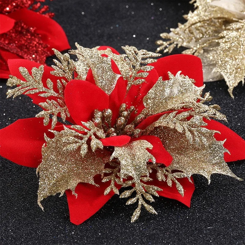 10PCS Christmas Flowers Glitter Artificial Poinsettia Floral Xmas Tree Ornaments DIY Garlands Home Wedding Party Decor