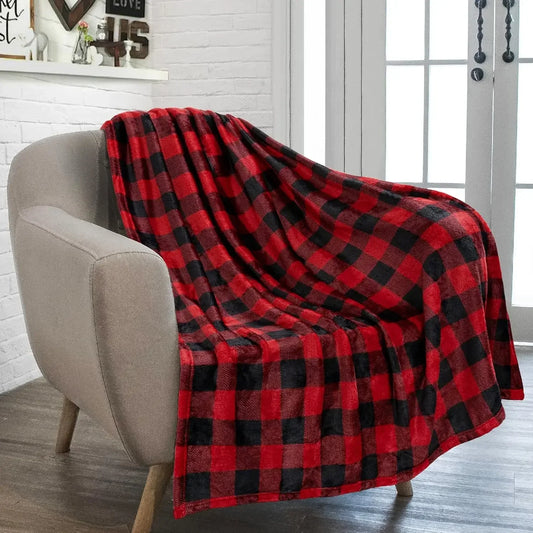 1PC Black and Red Plaid Flannel Throw Blanket Warm Soft Checkered Plaid Christmas Couch Warm Cozy Decorative Decor Gift