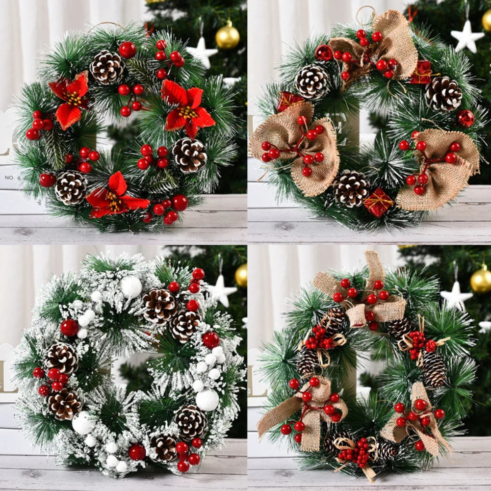 Artificial Flower Wreaths for Christmas with Bows Pinecone Red Berry for Front Door, Window Fireplace Farmhouse Decorations