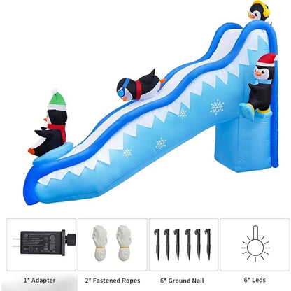 6FT Christmas Inflatables Penguin Slide Blow Up Christmas Decorations Outdoor Build-in LED Lights Penguin