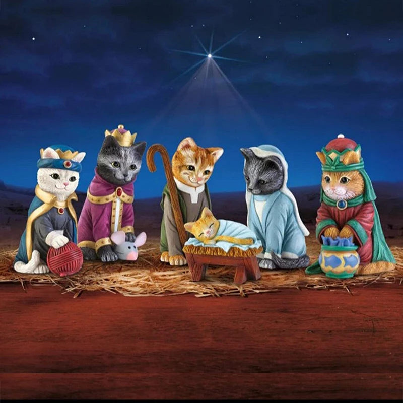 Nativity Royal Cats Christmas Decoration Resin Crafts Animal Cat Nativity Scene Ornament Collection Birth Of Jesus Home Decor