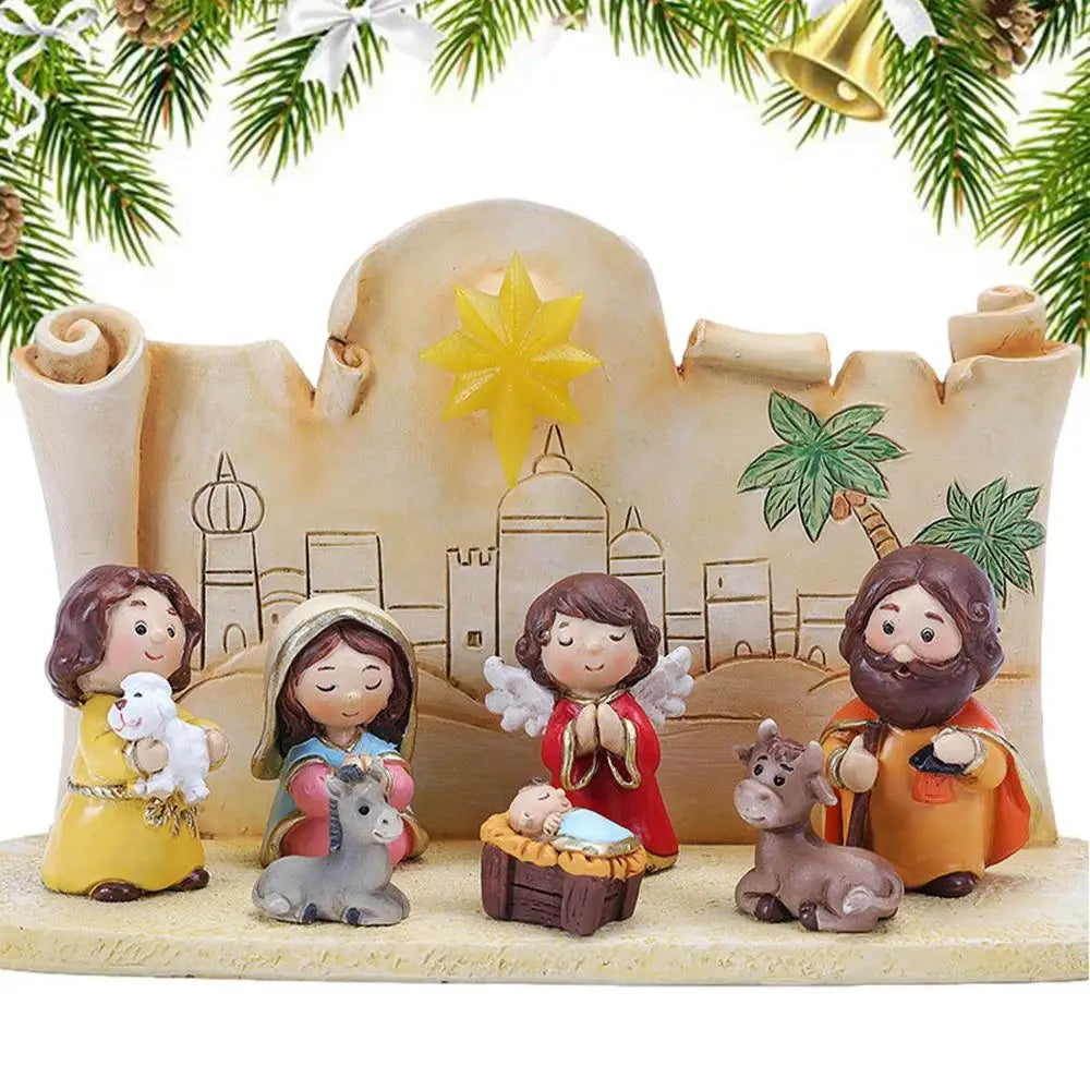 Nativity Sets for Christmas Resin Manger Scene Ornaments Jesus Figurines Sets Cute Cartoon Figures Nativity Statue Home Decor