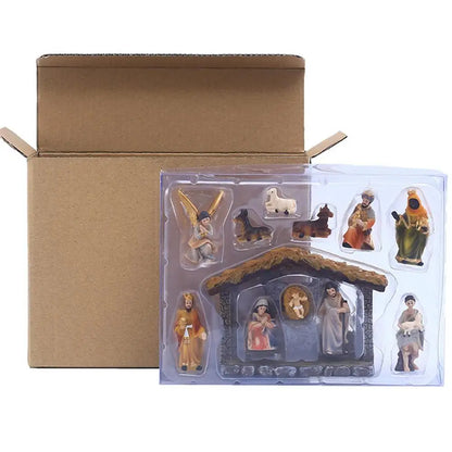 Nativity Manger Scene Set 12-pcs Resin Hand-painted Nativity Figurines Resin Crafts Statue For Home Tabletop Ornaments Christmas