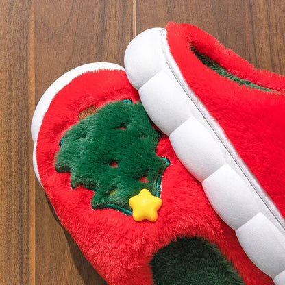 Cute Christmas Tree Women's Home Fluffy Slippers Cartoon Winter House Warm Shoes Designer Flat Casual New Year's Gift