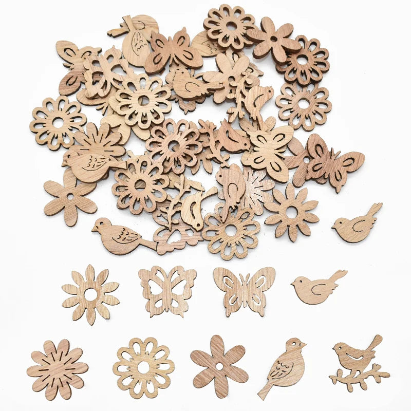 50Pcs Christmas Natural Wooden Chip Santa Claus Snowflake Christmas Tree Hanging Ornaments Pendant Navidad Decoration DIY Craft