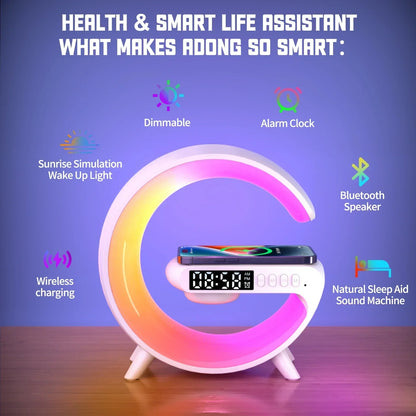 4-in-1 Wireless Charger Stand with RGB Light, Alarm Clock, and Speaker – Fast Charging Dock for iPhone, Samsung, Xiaomi