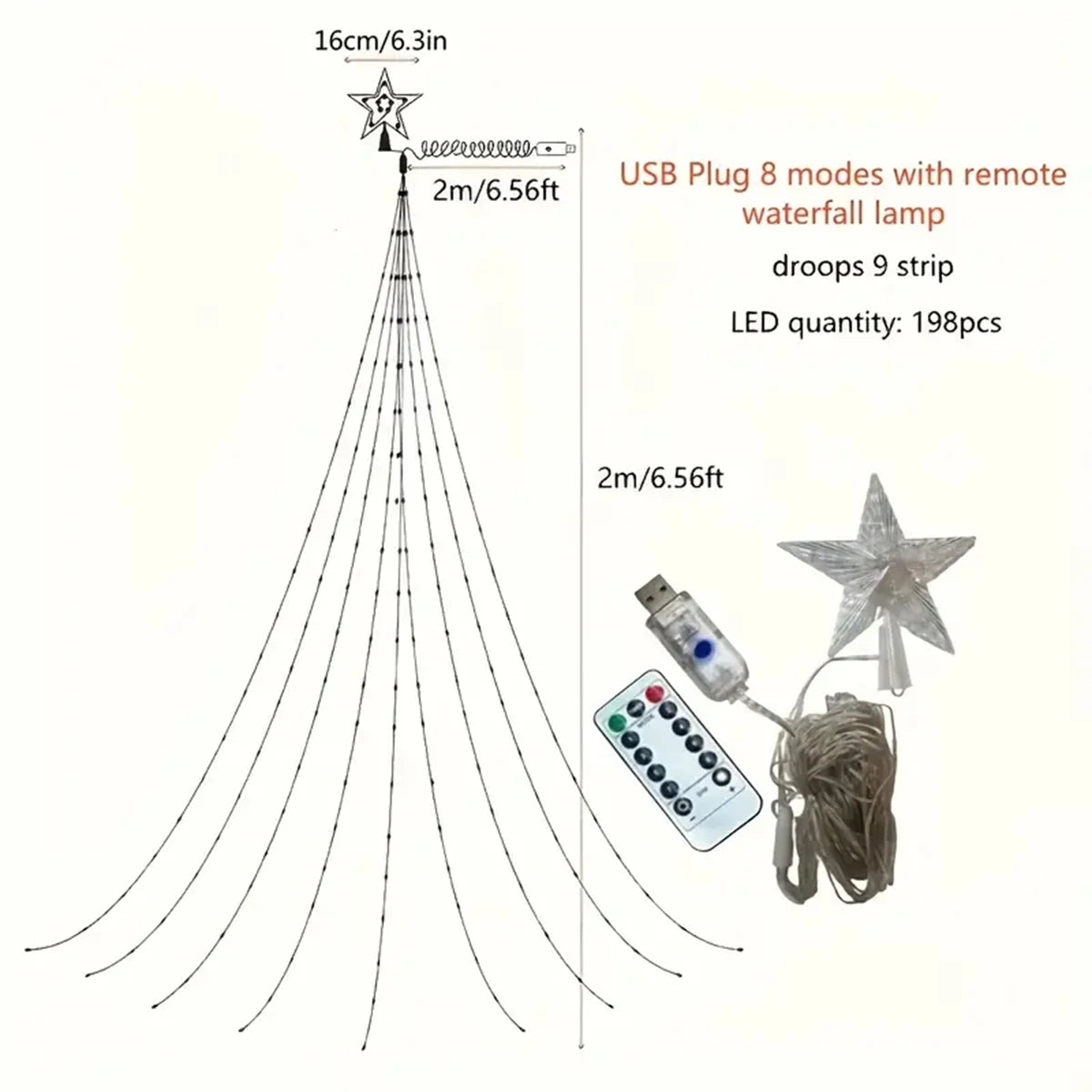 1PC 198 LED Star Waterfall Lights With 8 Modes USB Powered & Remote-Control Camping Light Indoor Outdoor Christmas String Lights