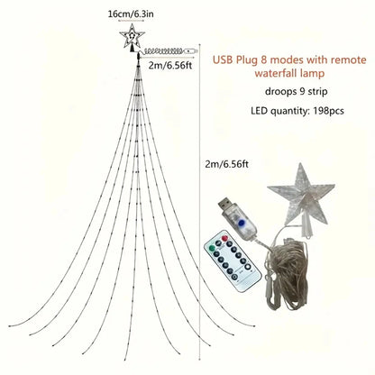 1PC 198 LED Star Waterfall Lights With 8 Modes USB Powered & Remote-Control Camping Light Indoor Outdoor Christmas String Lights