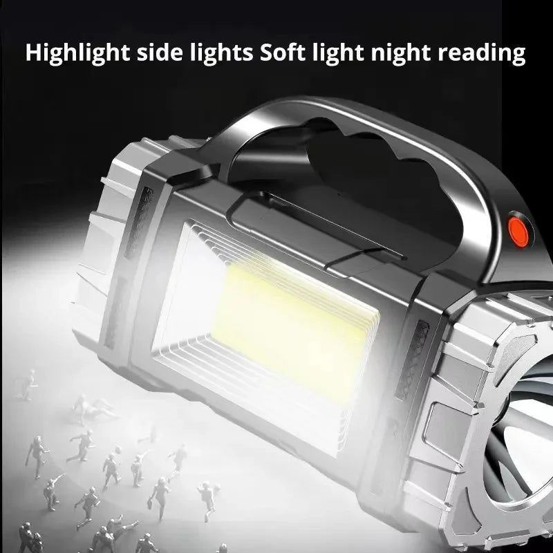 Portable USB Rechargeable Solar LED Flashlight with COB Work Light, 4-Mode Mobile Charging Camping Lamp