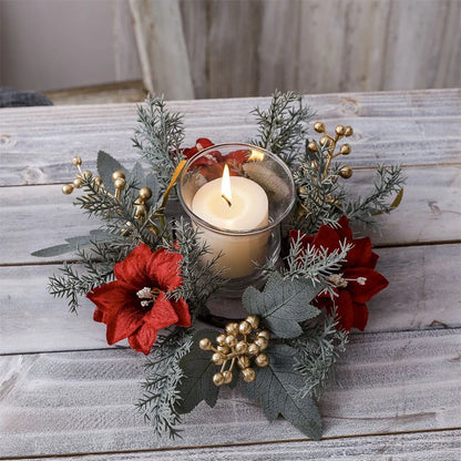 Christmas Candlestick Wreath Artificial Flowers Garland Candle Ring Xmas Table Decoration Candle Holder Wreath Xmas Home Decor