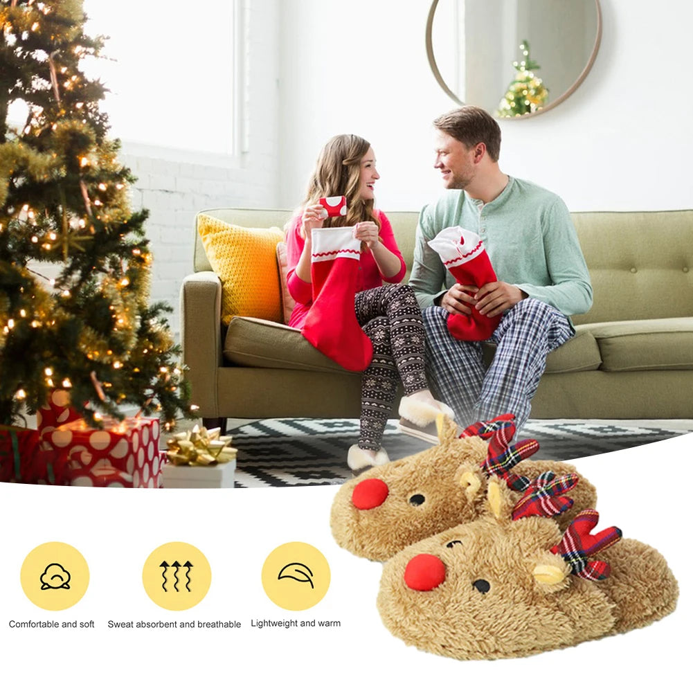 Christmas Reindeer Slippers House Flat Floor Soft Slides Non-Slip Winter Slippers Slip-On Slippers Cozy Women Men for Xmas Gift