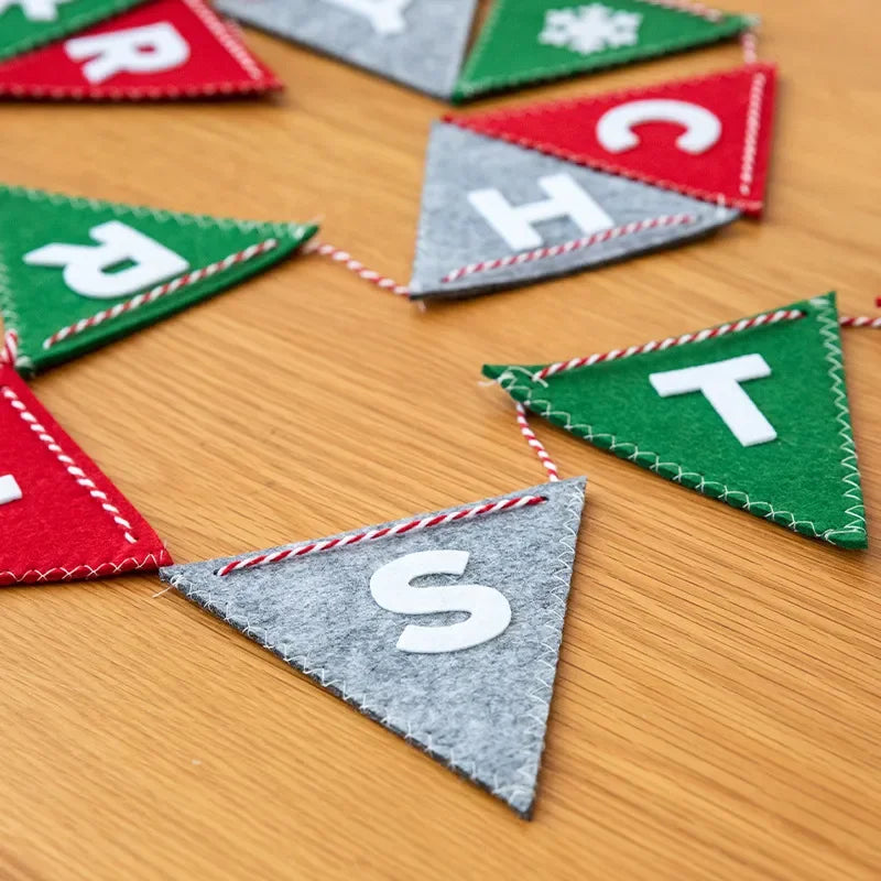 Merry Christmas Banner Wool Felt Triangle Flag Garland Xmas Tree Hanging Ornaments For Home Decorations New Year Party Supplies